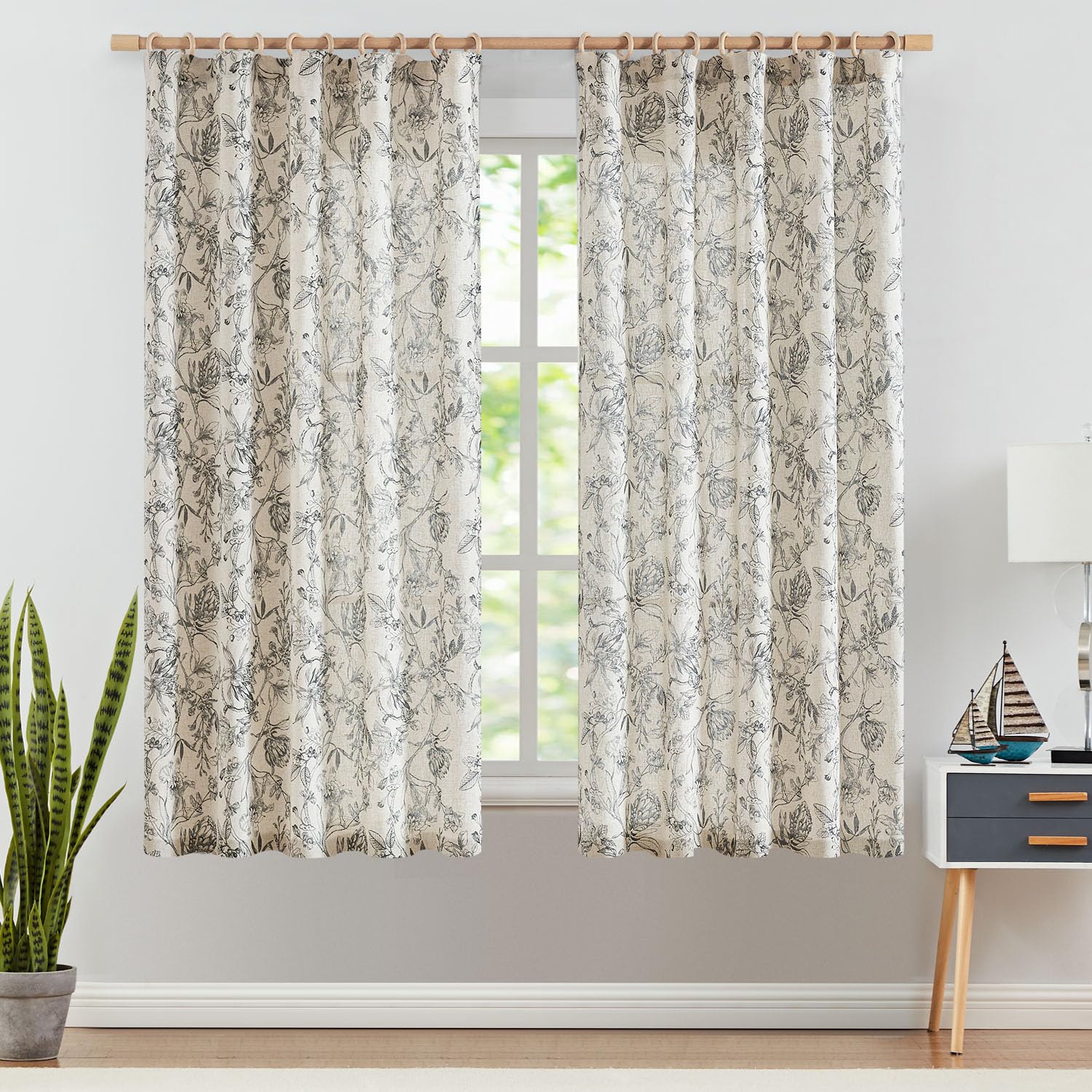 Jinchan Floral Curtains 63 Inch Length Black Flower Linen Farmhouse Curtains For Living Room French Country Vintage Curtains Rod Pocket Curtains Set 2 Panels Balck Flower Printed Curtains